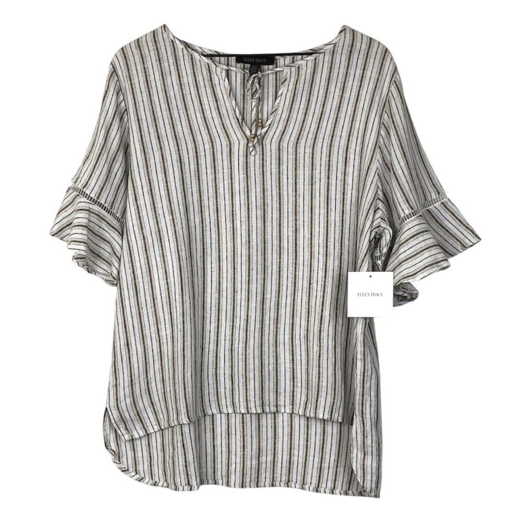 NWT ELLEN TRACY Linen Blend Top Sz M Striped White‎ Black Beige Lace Inset NEW